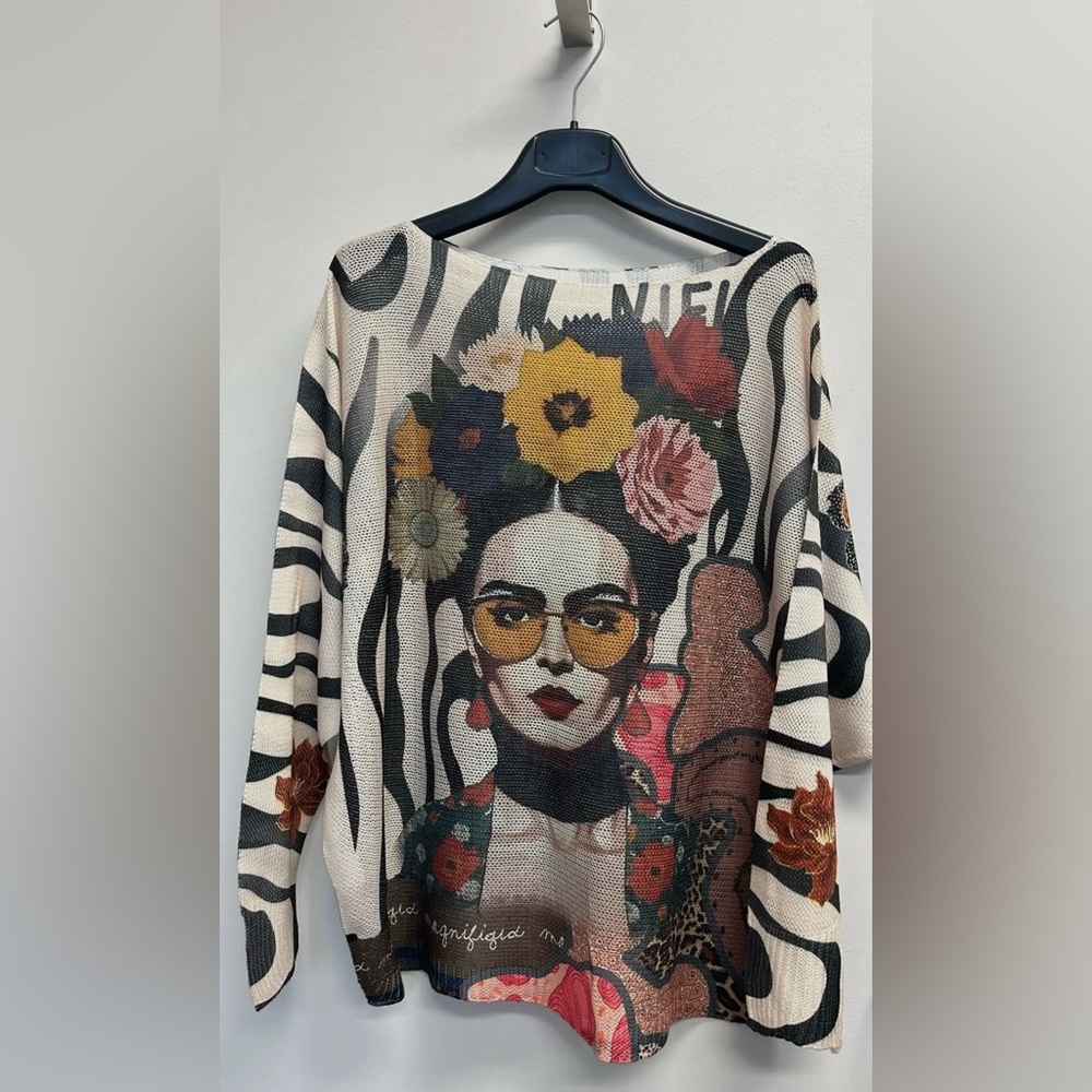 Italian Made Frida Kahlo Colorful Graphic Sweater with Floral Design